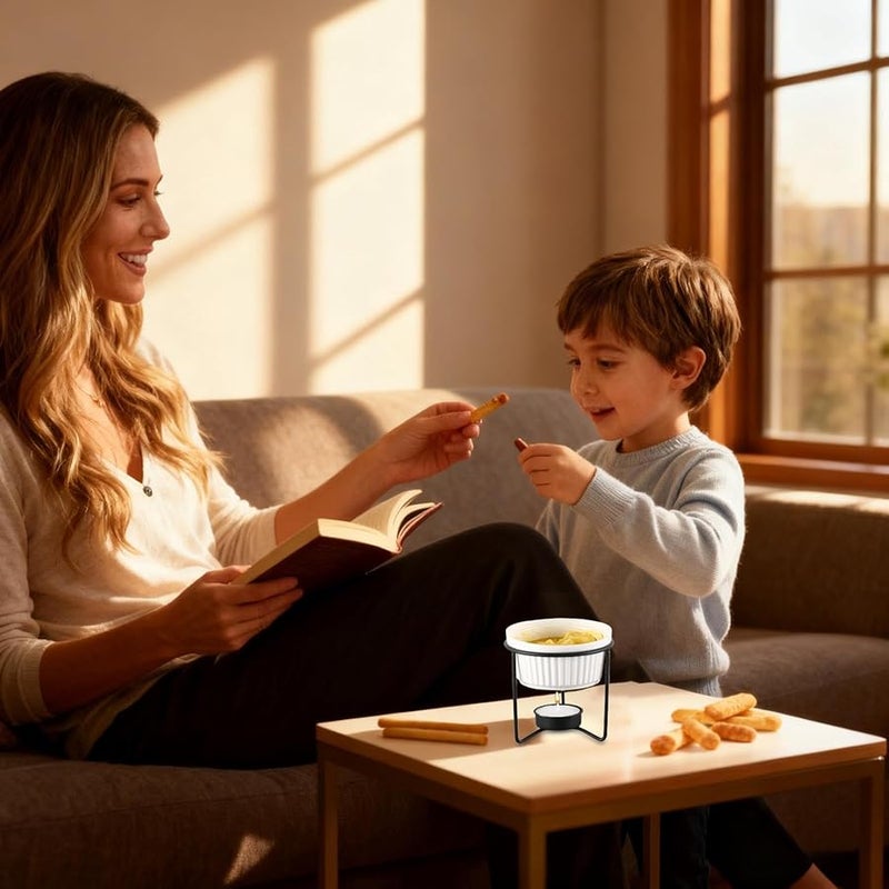 Black Ceramic Fondue Mug Pot Butter Warmer Portable Kitchen Set for Chocolate Cheese Tea - Image 2